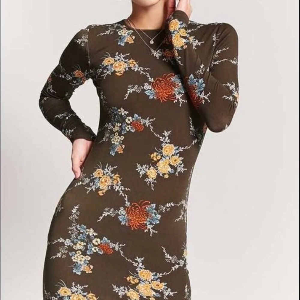 Forever 21 Floral brown long sleeve dress Med